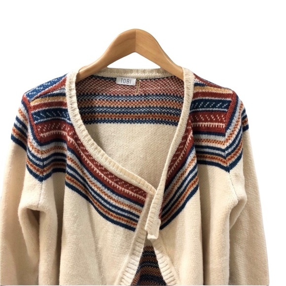 TOBI Annie Fringe Cardigan Drape Front Sweater Ivory Stripe Size M/L LV6291 - Picture 4 of 8